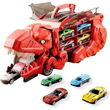Imagem de Caminhão Dinossauro T-Rex Transportador 3 em 1, Caminhão Maleta com Carrinhos de Brinquedo, Garagem Maleta Transformável, Vermelho