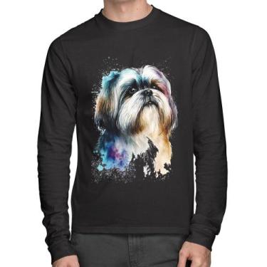 Imagem de Camiseta Algodão Cachorro Shih Tzu Watercolor Manga Longa - Foca na Mo