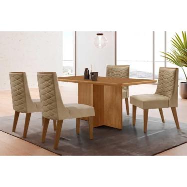Imagem de Sala Jantar Mesa Berlim Tampo Curvo 120cm+4 Cadeiras Dafne Madeira Naturale - Capuccino/Linho Bege - Rufato