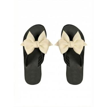 Imagem de RoseSeek Chinelo feminino com nó de laço, bico aberto, elegante, sandália confortável de verão, Branco, 37