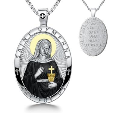 Imagem de Colar com pingente de proteção de ansiedade Saint Dymphna, banhado a cobre, pingente religioso de ouro real com oração gravada, corrente de 40 cm, caixa de presente de joias hipoalergênica do santo