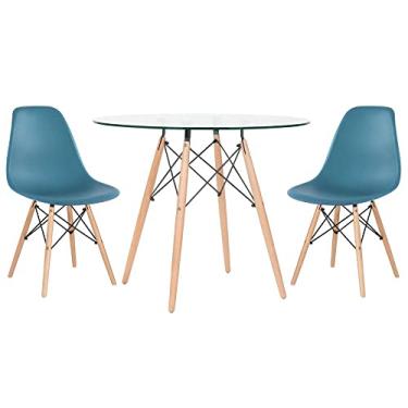 Imagem de Loft7, Kit - Mesa Eames com tampo de vidro 80 cm + 2 cadeiras Eiffel Dsw Turquesa