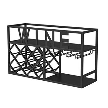 Imagem de Suporte de parede para casa de vidro de vinho 2 camadas suporte de metal rústico pendurado garrafa de vinho folhas preto (preto)