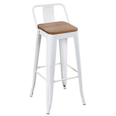 Imagem de Loft7, Banqueta alta Iron Tolix com encosto e assento de madeira rústica clara - Branco