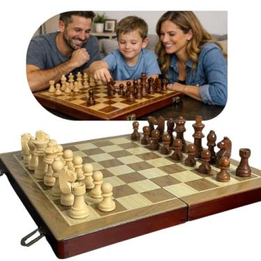 Imagem de Jogo Tabuleiro de Xadrez e Dama em Madeira Profissional Premium de 30cm Dobrável com Compartimentos Peças em Madeira 2 Damas Extras
