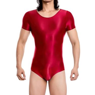 Imagem de SEAUR Body masculino brilhante justo unitard roupa íntima de manga curta collant brilhante lingerie elástica macacão, Vermelho, M