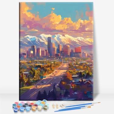 Imagem de HUINORYA Denver Skyline Colorado Tela emoldurada DIY Kit de pintura por números bar café caverna sala de casa de banho varanda pátio decoração presente, 40,6 x 30,5 cm