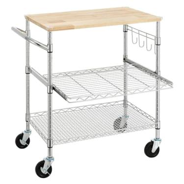 Imagem de Carrinho utilitário Carrinho de cozinha rolante com mesa madeira, carrinho ilha rodas e prateleira deslizante