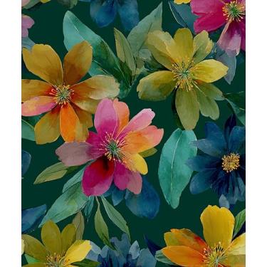 Imagem de Papel de parede floral aquarela para descascar e colar, papel de contato verde vintage, papel de parede boho grosso coloful autoadesivo removível à prova d'água para banheiro, quarto, prateleira