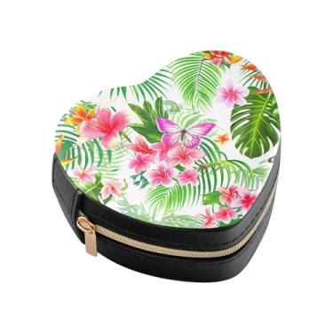 Imagem de Burbuja Caixa de joias em forma de coração com flores tropicais, mini estojo de viagem para mulheres e meninas, organizador portátil de armazenamento para brincos, anéis, colares e pulseiras