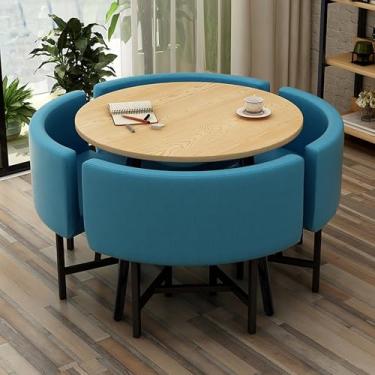 Imagem de Conjunto de mesa e cadeira de algodão e linho, conjunto de mesa de jantar de cozinha redonda para 4, combinação de mesa de negociação e cadeira de escritório, com 1 mesa e 4 cadeiras, para sala de