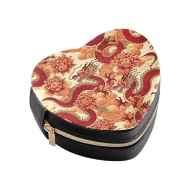Imagem de Burbuja Caixa de joias em forma de coração de crisântemo de dragões mini estojo de joias de viagem para mulheres e meninas, estojo portátil organizador de armazenamento para brincos, anéis, colares e