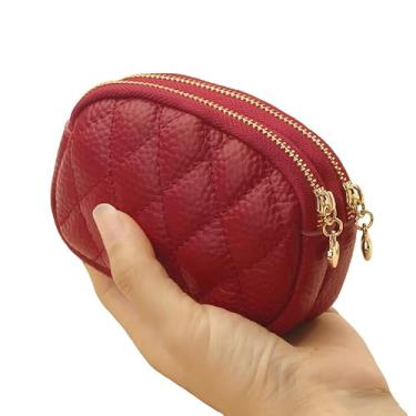 Imagem de Carteira pequena feminina moderna com zíper duplo, carteira, carteira, cartão de crédito simples, carteira fina para presente, Vermelho, Estilo retrô