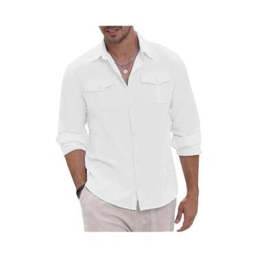 Imagem de Camisa Cargo Masculina De Algodão E Linho Para Outono Com Dois Bolsos,