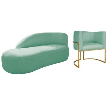 Imagem de Kit Divã Luna 160cm Lado Esquerdo E 01 Poltrona Base De Ferro Dourado Suede Cor Azul Tiffany