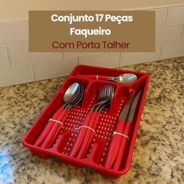 Imagem de Conjunto Faqueiro 17 Peças Com Porta Talheres Vermelha - Unicasa