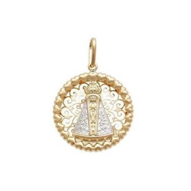 Imagem de Pingente Redondo Detalhes Com Nossa Senhora Aparecida - Brilhante Folh