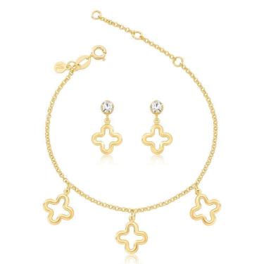 Imagem de Conjunto de Brinco e Pulseira Trevo Revestido em Ouro Dourado