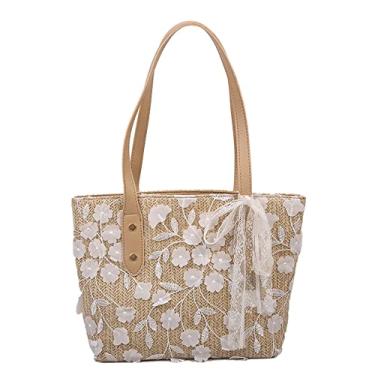 Imagem de Sacola de palha feita à mão para mulheres, praia, bonita, moderna, grande, bolsa de ombro de palha de praia, alça de couro com zíper, Caqui, Large