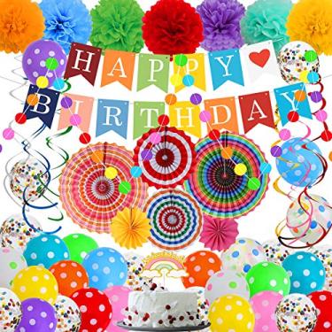 Imagem de Decorações coloridas de aniversário, decorações de festa de aniversário de arco-íris com conjunto de decorações de festa para fãs de papel, conjunto de espirais para pendurar, balões coloridos, faixa colorida de feliz aniversário e pompons de papel para decorações de festa de aniversário