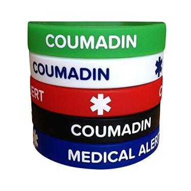 Imagem de Pulseiras de silicone COUMADIN Alerta médico (pacote com 5) Pulseiras tamanho adulto para homens e mulheres 20 cm