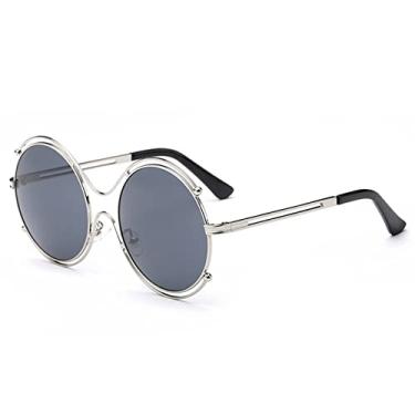 Imagem de Óculos de sol feminino Espelho Lente redonda Óculos de sol Armação de metal Óculos de sol feminino estilo verão Double Circle Eyewear, C06 Sliver Grey, Embalagem B