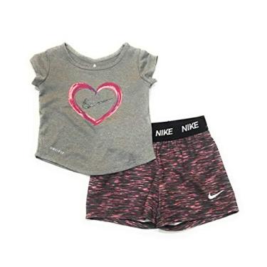 Imagem de Conjunto de camiseta e shorts Dri-Fit para meninas da Nike preto/cinza/rosa 24 meses
