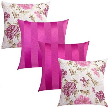 Imagem de Kit 4 Capas de Almofadas Composê Floral Rosa e Pink Listrado 45cmx45cm