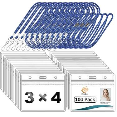 Imagem de Suporte para crachá horizontal de plástico transparente e talabartes de pescoço liso com suporte de identificação Suporte de cartão de identificação em PVC à prova d'água da ZHEGUI (azul Royal, pacote com 100)