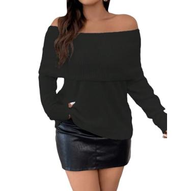 Imagem de MakeMeChic Pulôver feminino plus size ombro de fora dobrável manga longa pulôver suéter top, Preto, X-Large Plus