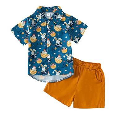 Imagem de Camiseta infantil de manga curta com estampa de coelho de Páscoa e shorts para crianças bebê menina 1º aniversário, Azul marino, 3-4 Anos