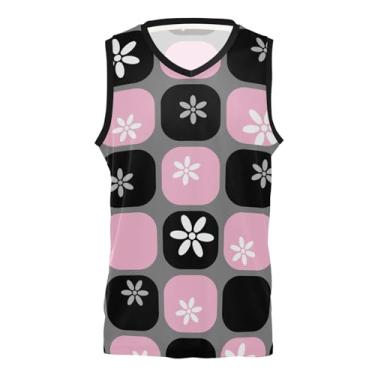 Imagem de KLL Camiseta regata sem mangas xadrez de desenho animado rosa preta para treino de basquete para festa em casa e fora, Estampa xadrez de desenho animado rosa e preto, 3G