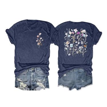 Imagem de Camiseta feminina com flores vintage: camiseta floral boho estampa flores silvestres camisetas manga curta casual tops, Azul - 2, M