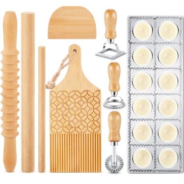Imagem de Tioncy Conjunto de 9 ferramentas para fazer massas, placa de nhoque de madeira com molde de ravióli, máquina de raviolo, carimbo de raviolo, rolo de gnocco para assar na cozinha de Natal (placa de