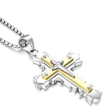 Imagem de JUNOVUROS Colar de cruz de dois tamanhos diferentes para homens e meninos 316L aço inoxidável colar com pingente de cruz para homens meninos prata ouro preto com corrente de elos redondos de 50 a 71 cm e corrente bizantina, 20'' Rolo, Aço inoxidável, Zircônia cúbica