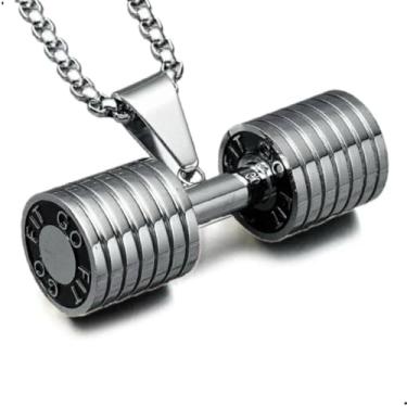 Imagem de Colar Cordão Masculino Pingente Haltere Aço Inoxidável Fitness Peso Anilha Academia Correntinha de Ouro Prata (Prateado, 70cm)
