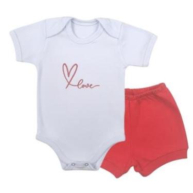 Imagem de Conjunto Body Manga Curta Bordado Love e Short Tapa Fralda - Roupa Bebê Menina-Feminino