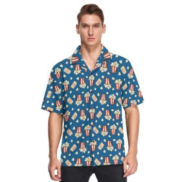 Imagem de vvfelixl Camiseta masculina havaiana listrada de pipoca e bilhete de filme, manga curta masculina casual com botões P, Multicolorido 1, 3G