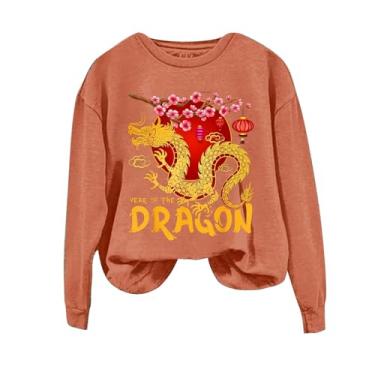 Imagem de Duobla Moletom feminino fashion com estampa do ano do dragão, manga comprida, engraçado, vintage, estampado, pulôver, camisetas fofas, A-1-laranja, M