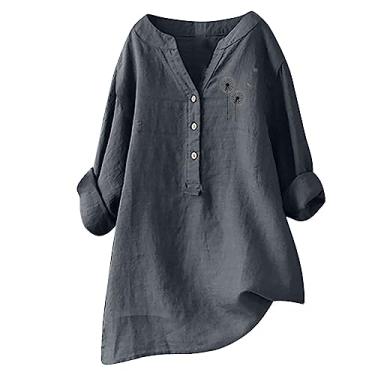 Imagem de Camisas femininas casuais de linho com gola V abotoadas e manga curta, estampa de dente-de-leão, roupa de praia, Cinza, XG