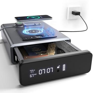 Imagem de Grimtron Segurança Cofre biométrico para armas com tela de LED para relógio de 10s, carregamento sem fio 2 em 1 para relógio e smartphone, teclado retroiluminado sensível ao toque, luz LED, cabo de