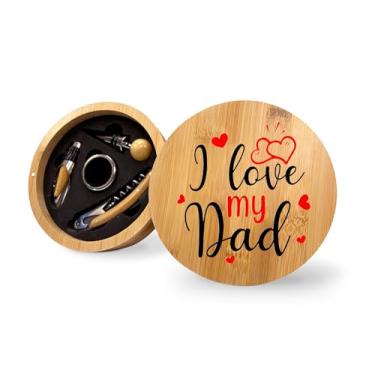 Imagem de I love my Dad Conjunto de ferramentas de abridor de garrafas de vinho de bambu, conjunto de vinho para homens, kit de vinho, ferramentas de vinho essenciais, ideia de presente de aniversário e Natal