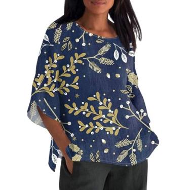 Imagem de Camiseta feminina de linho, margarida, estampada, manga 3/4, plus size, gola redonda, moderna, casual, para sair, Azul escuro, M
