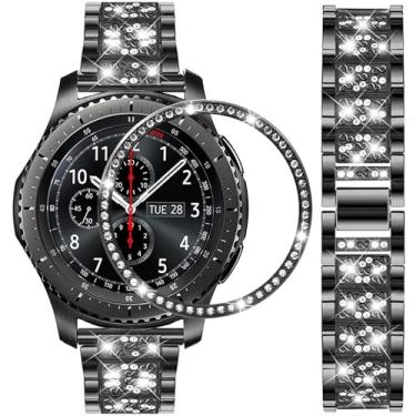 Imagem de DEALELE Pulseira compatível com Galaxy Watch de 46 mm, pulseira de metal de aço inoxidável com diamante brilhante de 22 mm com moldura de substituição para Samsung Gear S3 Frontier/Classic Women Men (Preta)
