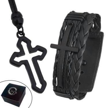 Imagem de Kit Pulseira de Couro Masculina Crucifixo All Black + Colar Cruz Ajust