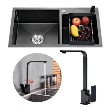Imagem de Kit Cuba Pia Gourmet Dupla Cozinha Aço Inox Torneira L Slim - Brinovar