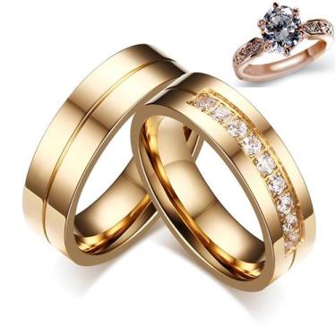 Imagem de Alianças Banhada Ouro 18k Casamento Tradicional Noivado Anel + solitár