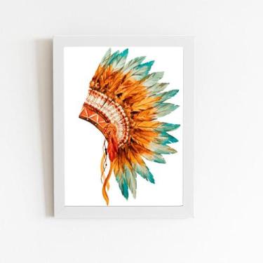 Imagem de Quadro Cocar Indígena Penas Coloridas Moldura Branca 60X40Cm - Plimsho