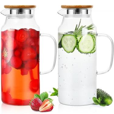 Imagem de Jarro de vidro com tampa Jarro de água quente e fria, jarra de cabeceira com alça, jarro de vidro borossilicato resistente ao calor para geladeira garrafa de bebidas (1,94 g, aço inoxidável, bambu)