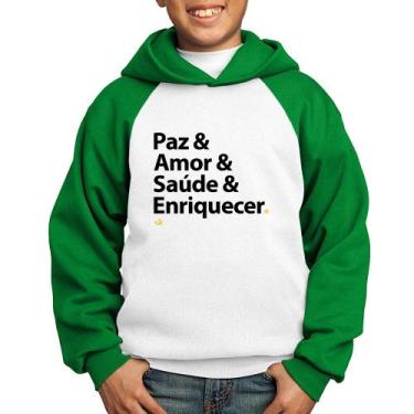 Imagem de Moletom Infantil Paz & Amor & Saúde & Enriquecer - Foca na Moda, Branc